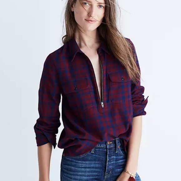NWT Madewell Flannel Zip-Front Popover Shirt Red - Picture 2 of 8